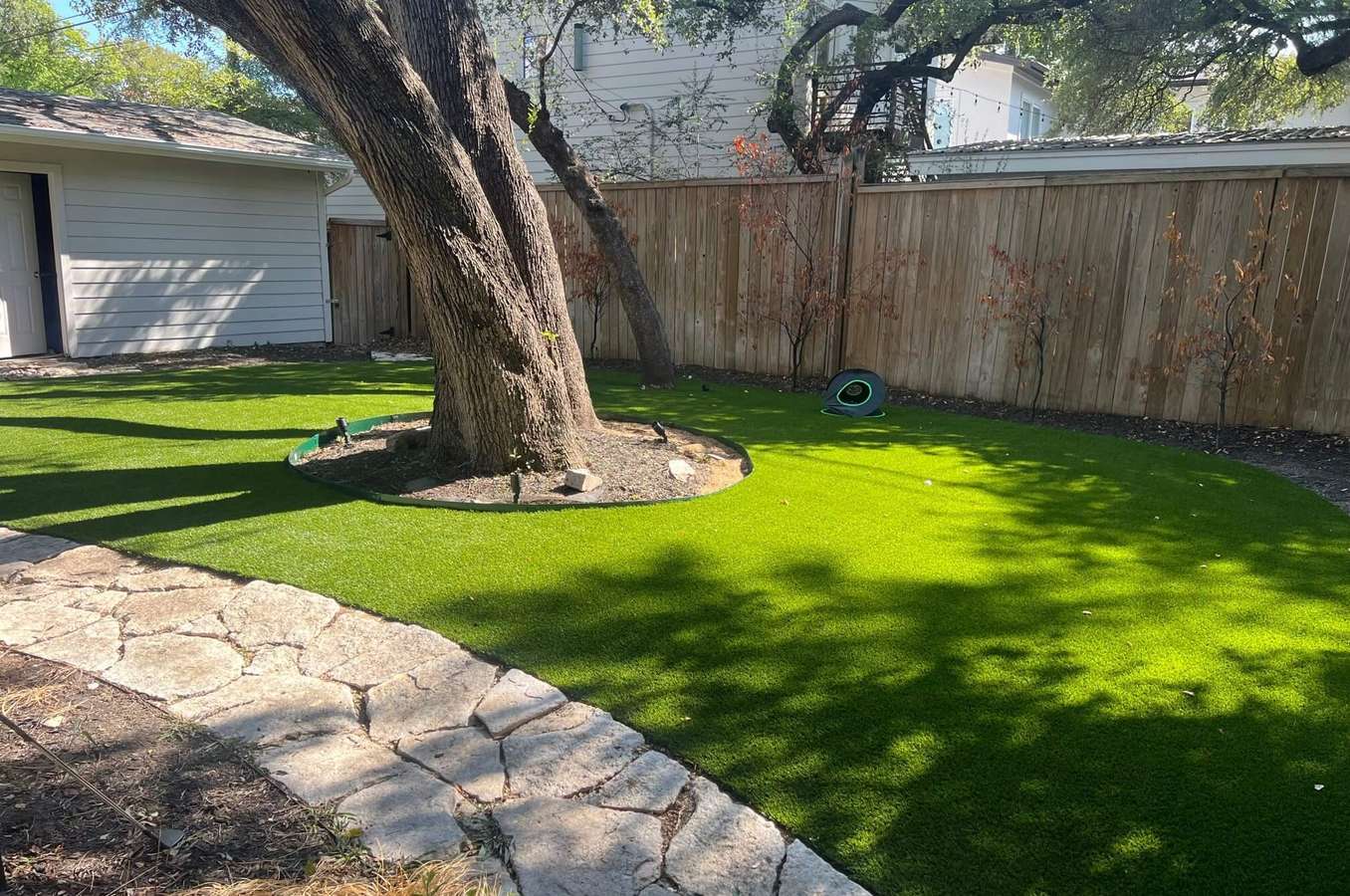After: a shaded backyard under a mature oak
