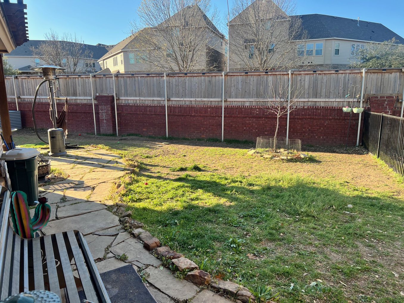 Before: a patchy backyard along a privacy fence